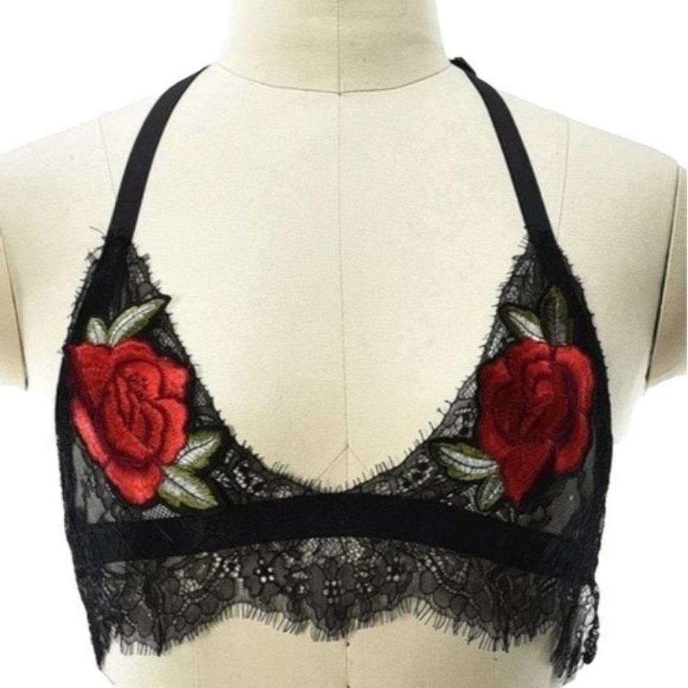 BLACK FLORAL & MESH EMBROIDERED RAVE CLUB HARNESS BRA - Picture 1 of 4